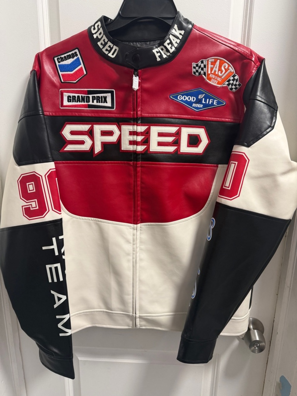 Men's Red, Black & White 'Speed' Racing Leather Jacket
